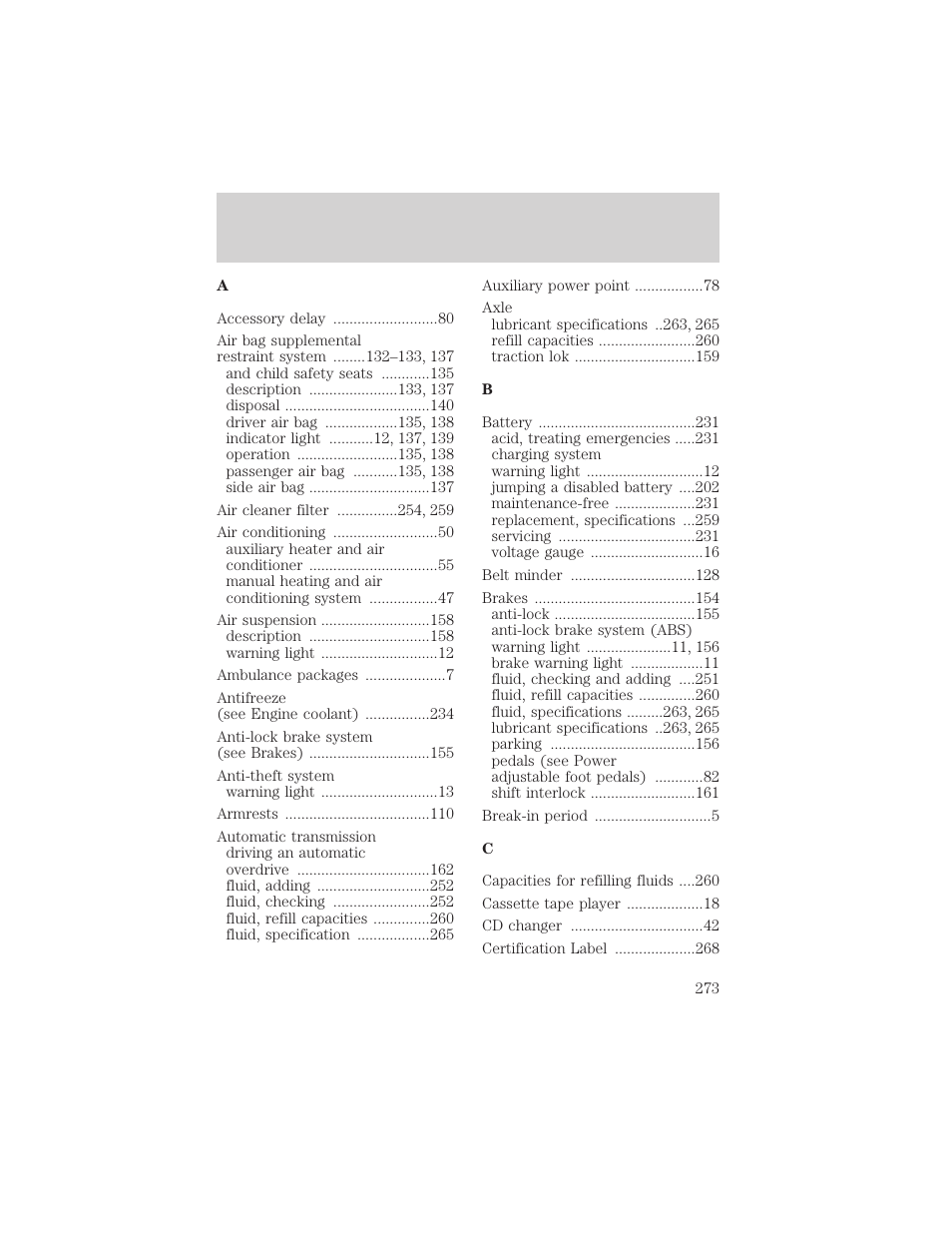 Index | FORD 2002 Expedition User Manual | Page 273 / 280