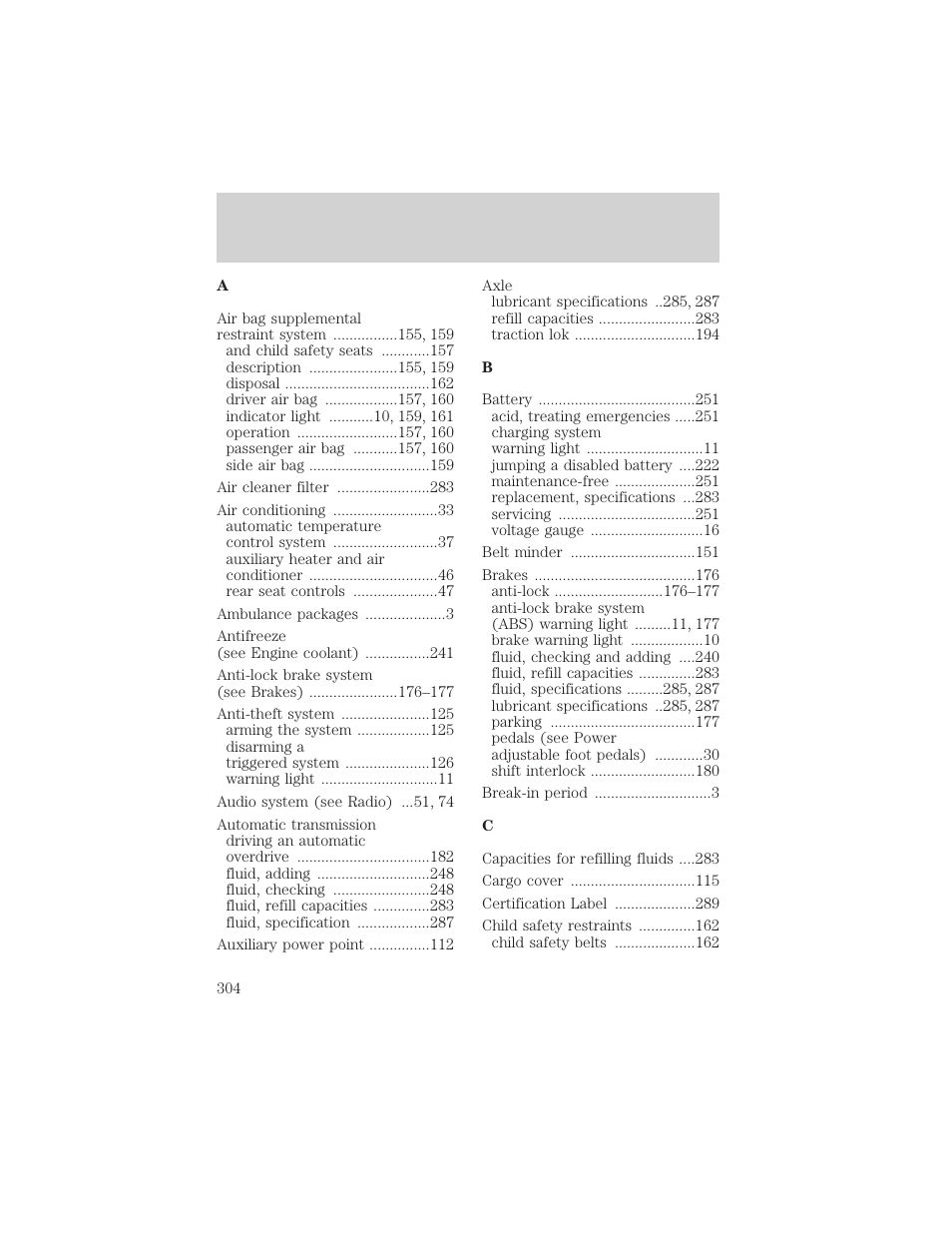 Index | FORD 2002 Explorer v.1 User Manual | Page 304 / 312