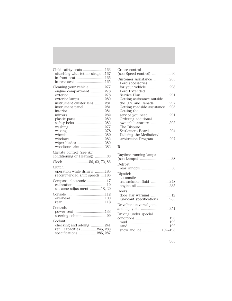 Index | FORD 2002 Explorer v.1 User Manual | Page 305 / 312