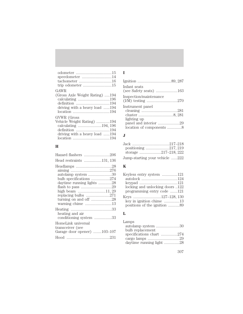 Index | FORD 2002 Explorer v.1 User Manual | Page 307 / 312