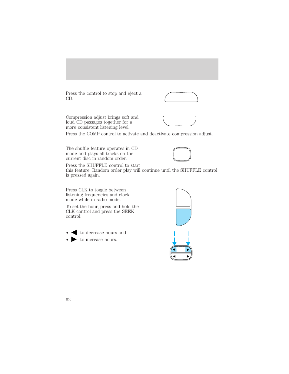 Ej comp, Controls and features, Scn clk | FORD 2002 Explorer v.1 User Manual | Page 62 / 312