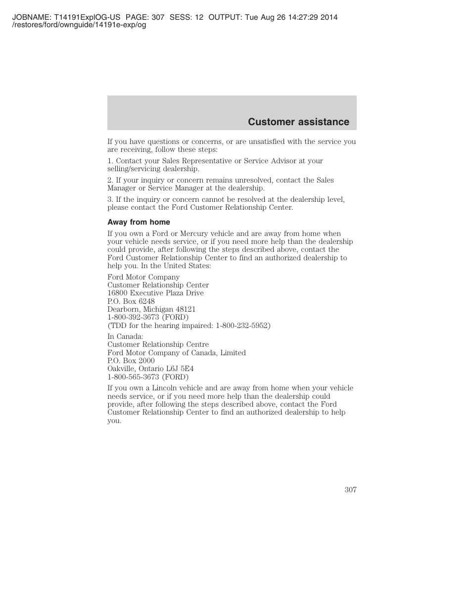 Customer assistance | FORD 2002 Explorer v.2 User Manual | Page 307 / 328