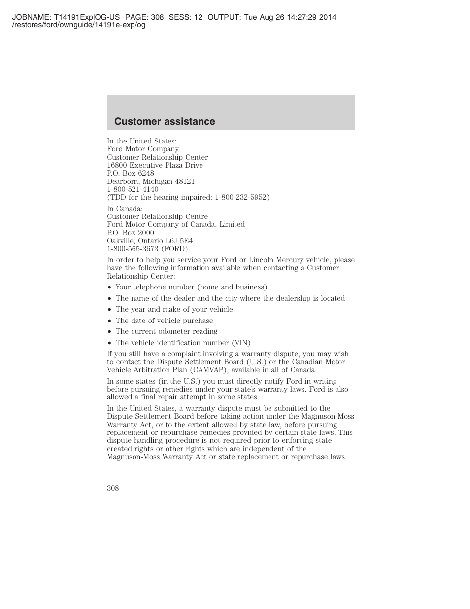 Customer assistance | FORD 2002 Explorer v.2 User Manual | Page 308 / 328