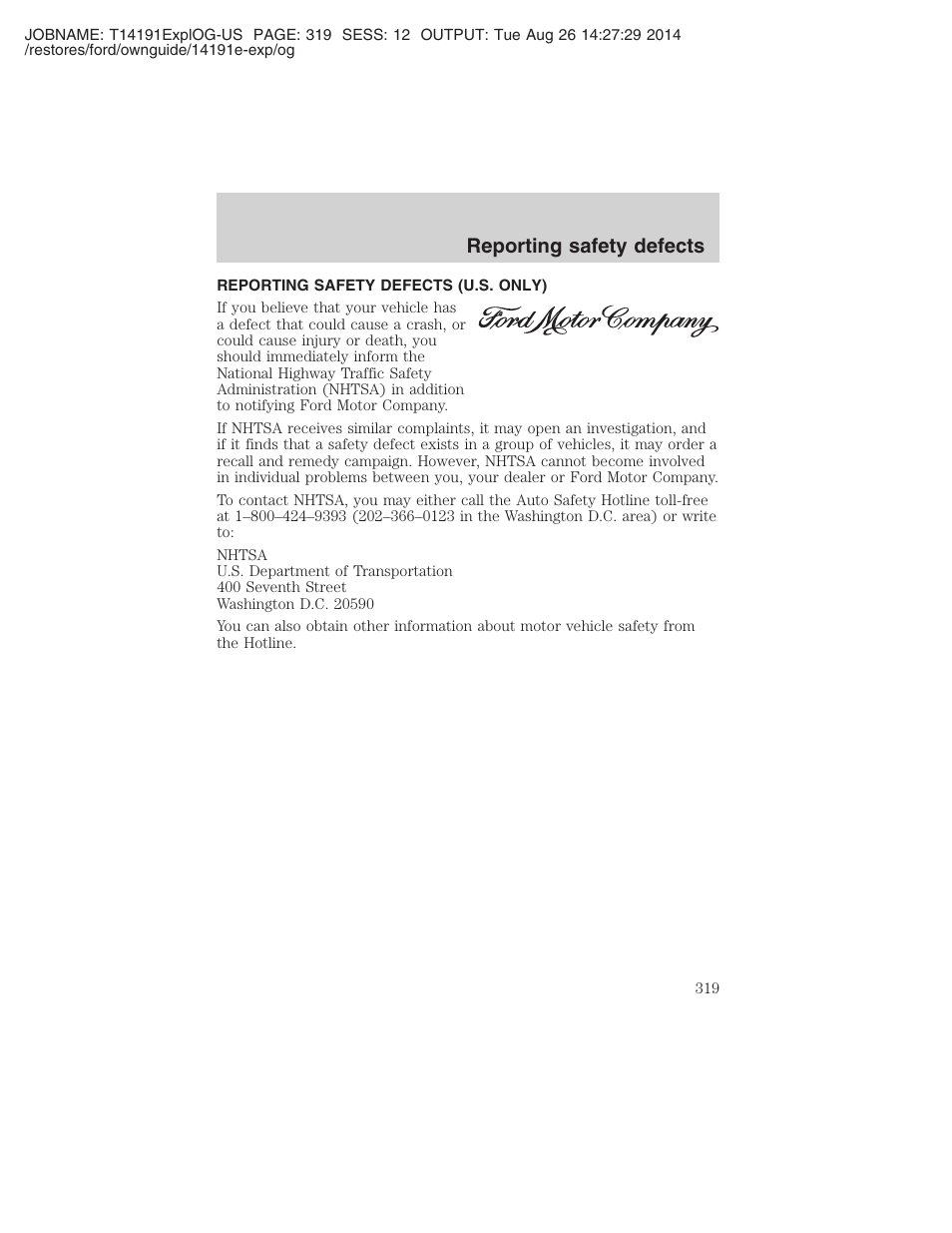 Reporting safety defects | FORD 2002 Explorer v.2 User Manual | Page 319 / 328