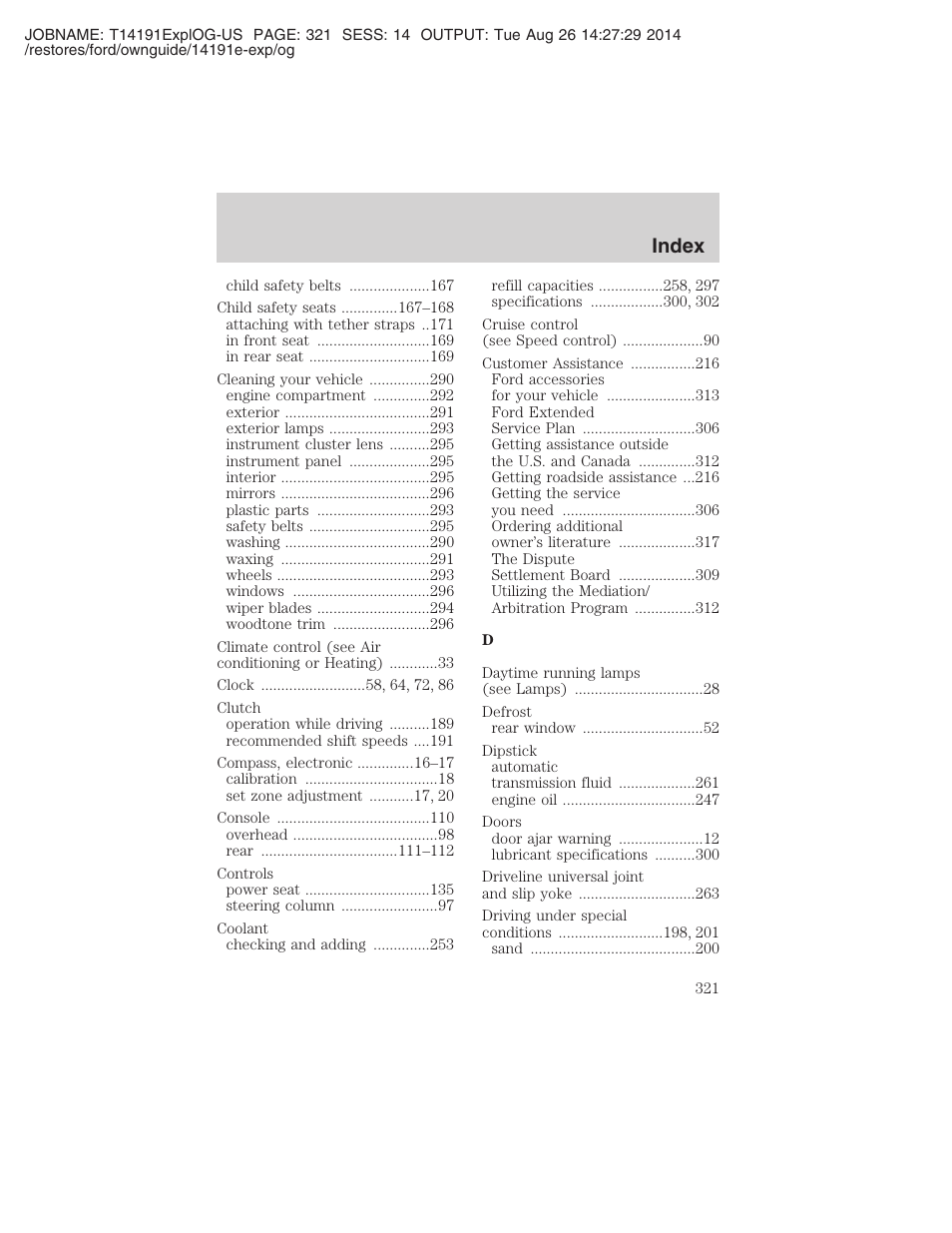Index | FORD 2002 Explorer v.2 User Manual | Page 321 / 328