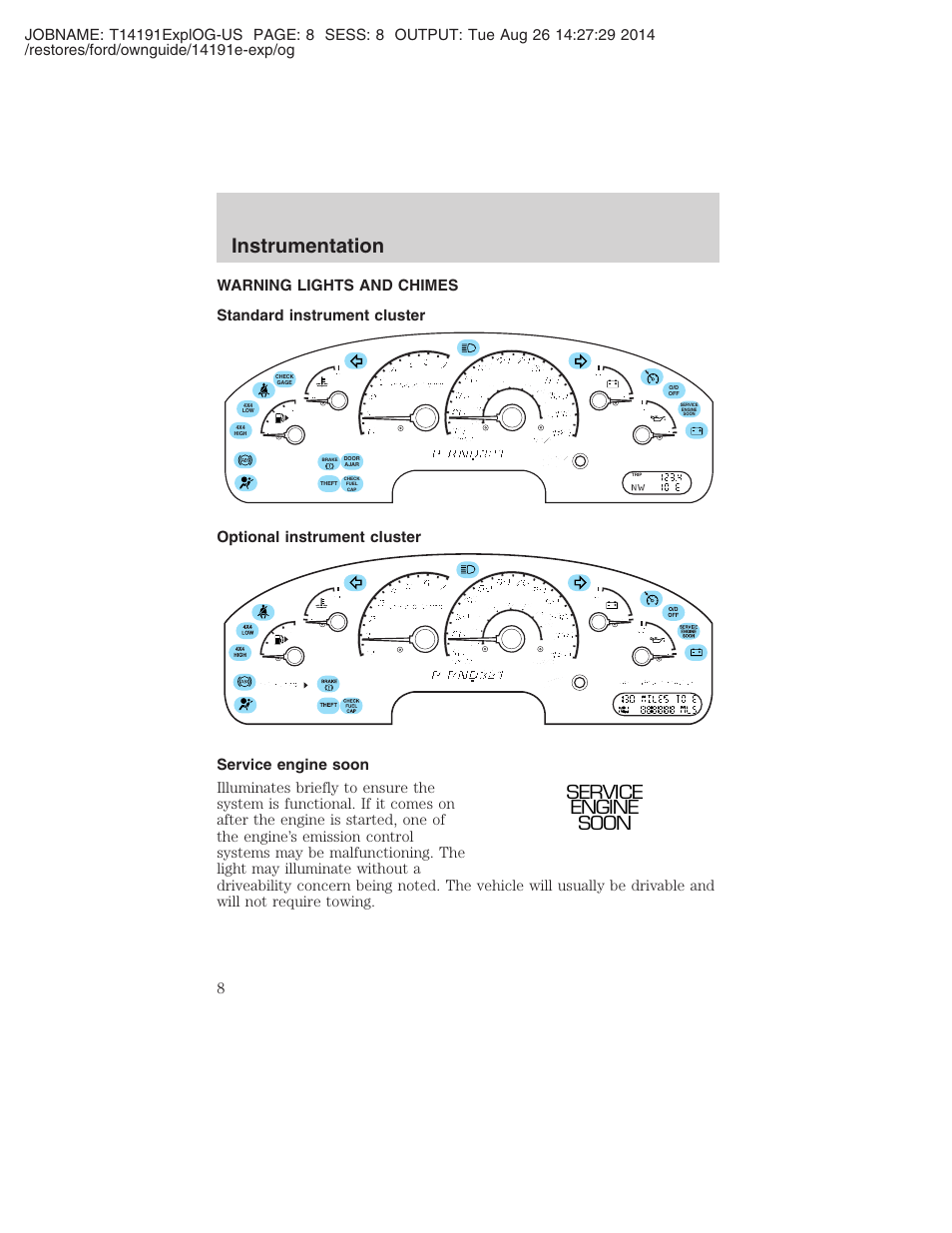 Instrumentation, Service engine soon | FORD 2002 Explorer v.2 User Manual | Page 8 / 328