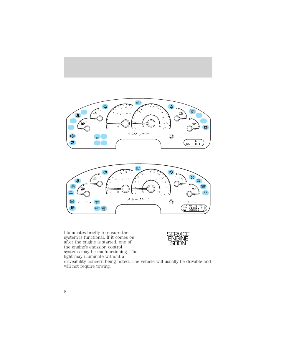 Instrumentation, Service engine soon | FORD 2002 Explorer v.3 User Manual | Page 8 / 336