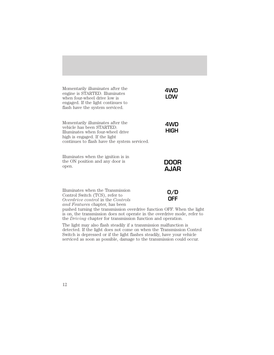 Door ajar | FORD 2002 Explorer Sport Trac v.1 User Manual | Page 12 / 264