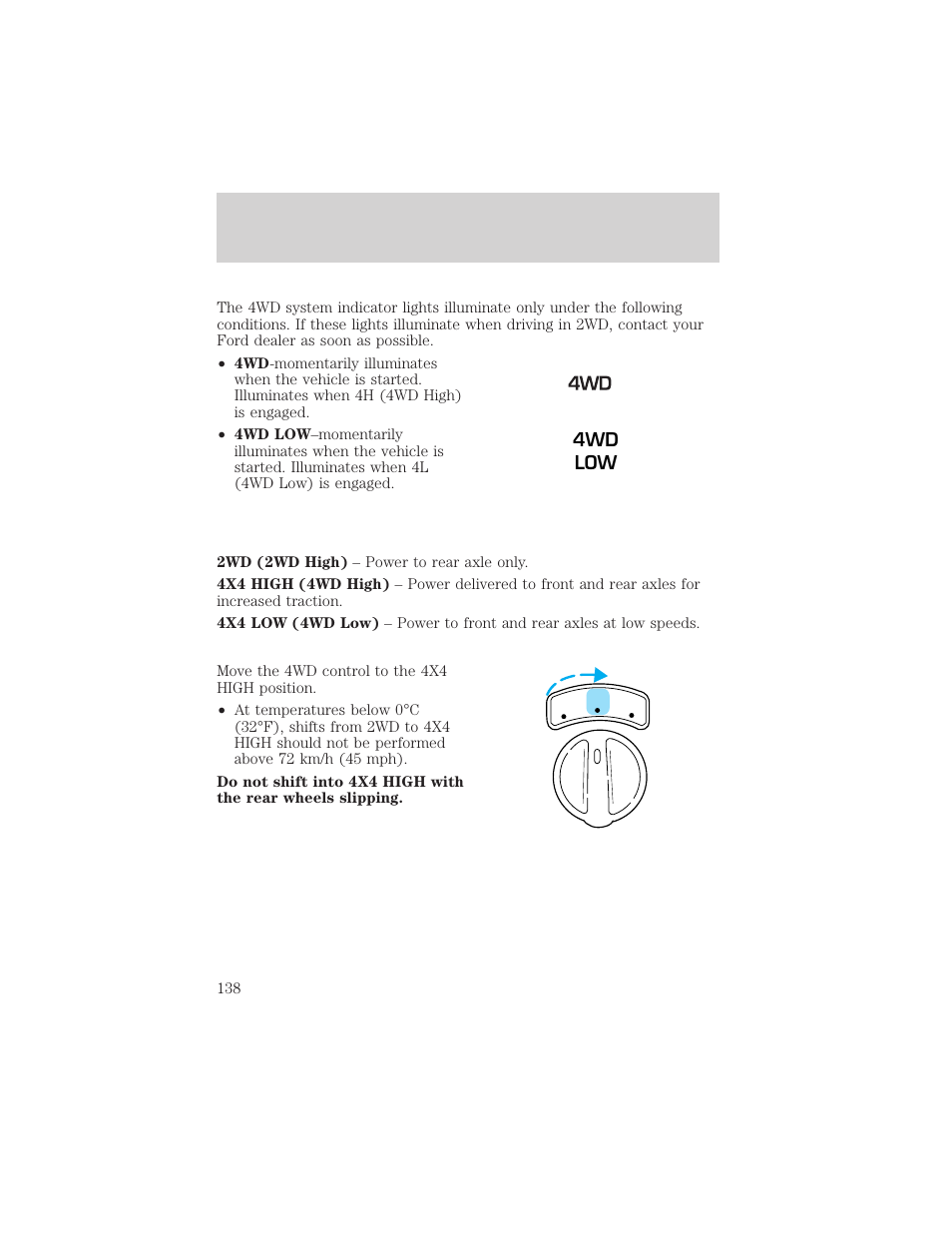 Driving, 4wd low | FORD 2002 Explorer Sport Trac v.1 User Manual | Page 138 / 264