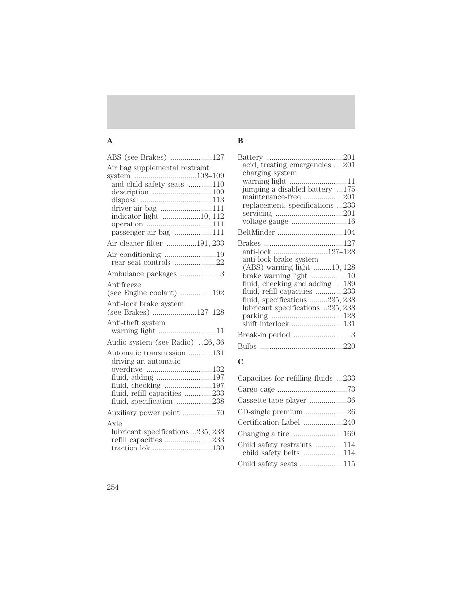 Index | FORD 2002 Explorer Sport Trac v.1 User Manual | Page 254 / 264