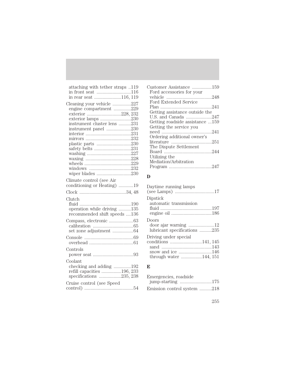 Index | FORD 2002 Explorer Sport Trac v.1 User Manual | Page 255 / 264