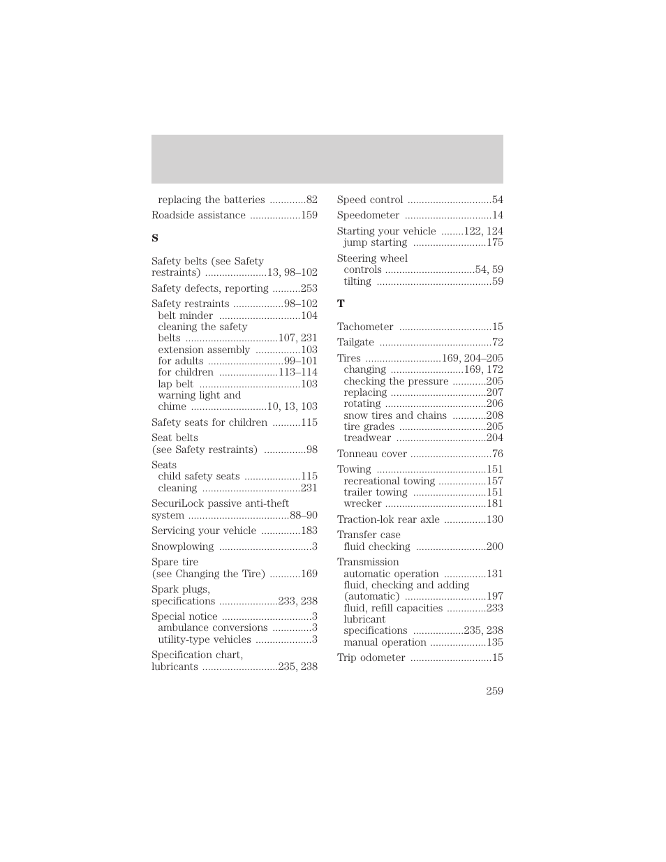 Index | FORD 2002 Explorer Sport Trac v.1 User Manual | Page 259 / 264