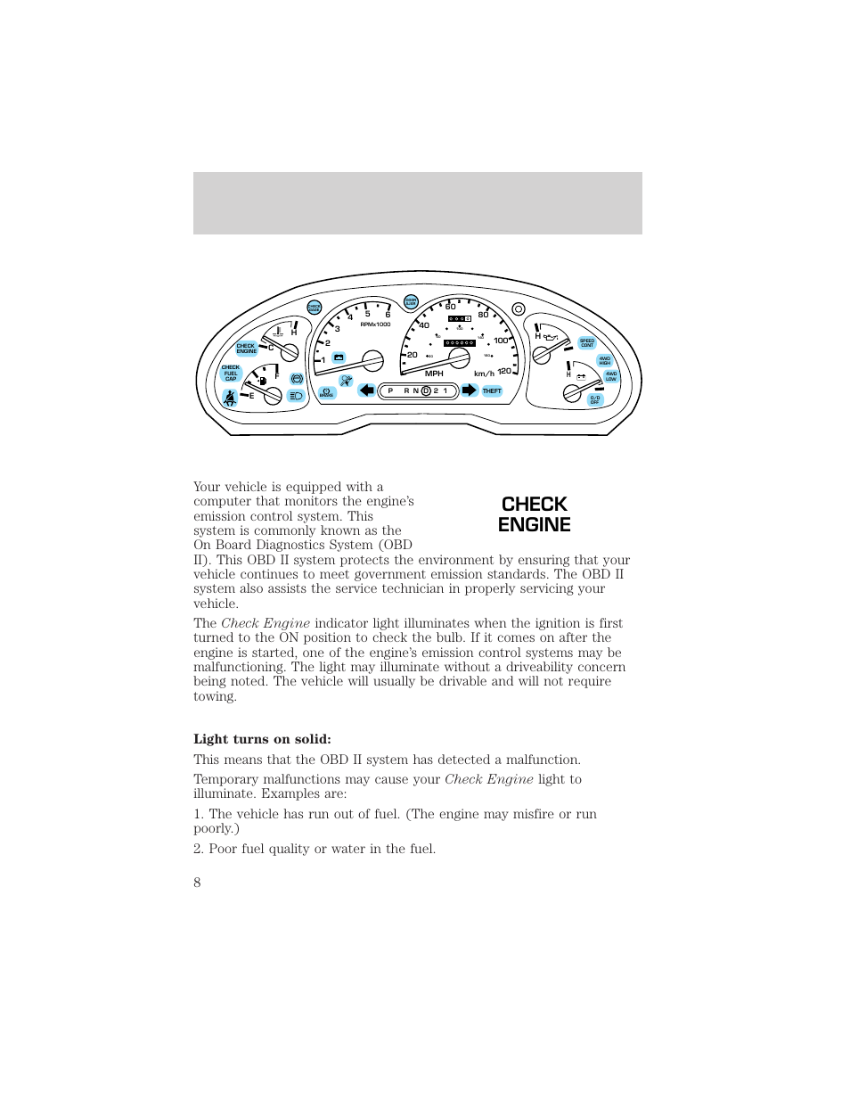 Check engine, Instrumentation | FORD 2002 Explorer Sport Trac v.1 User Manual | Page 8 / 264