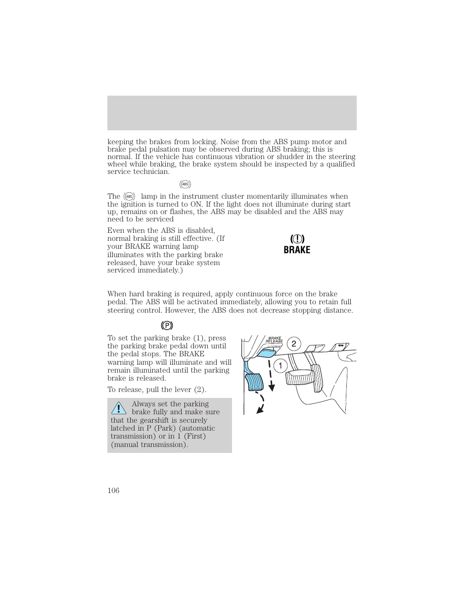 Driving, Brake | FORD 2002 Explorer Sport Trac v.2 User Manual | Page 106 / 200