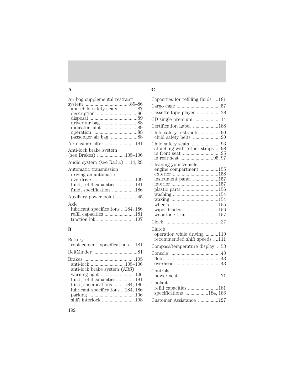 Index | FORD 2002 Explorer Sport Trac v.2 User Manual | Page 192 / 200