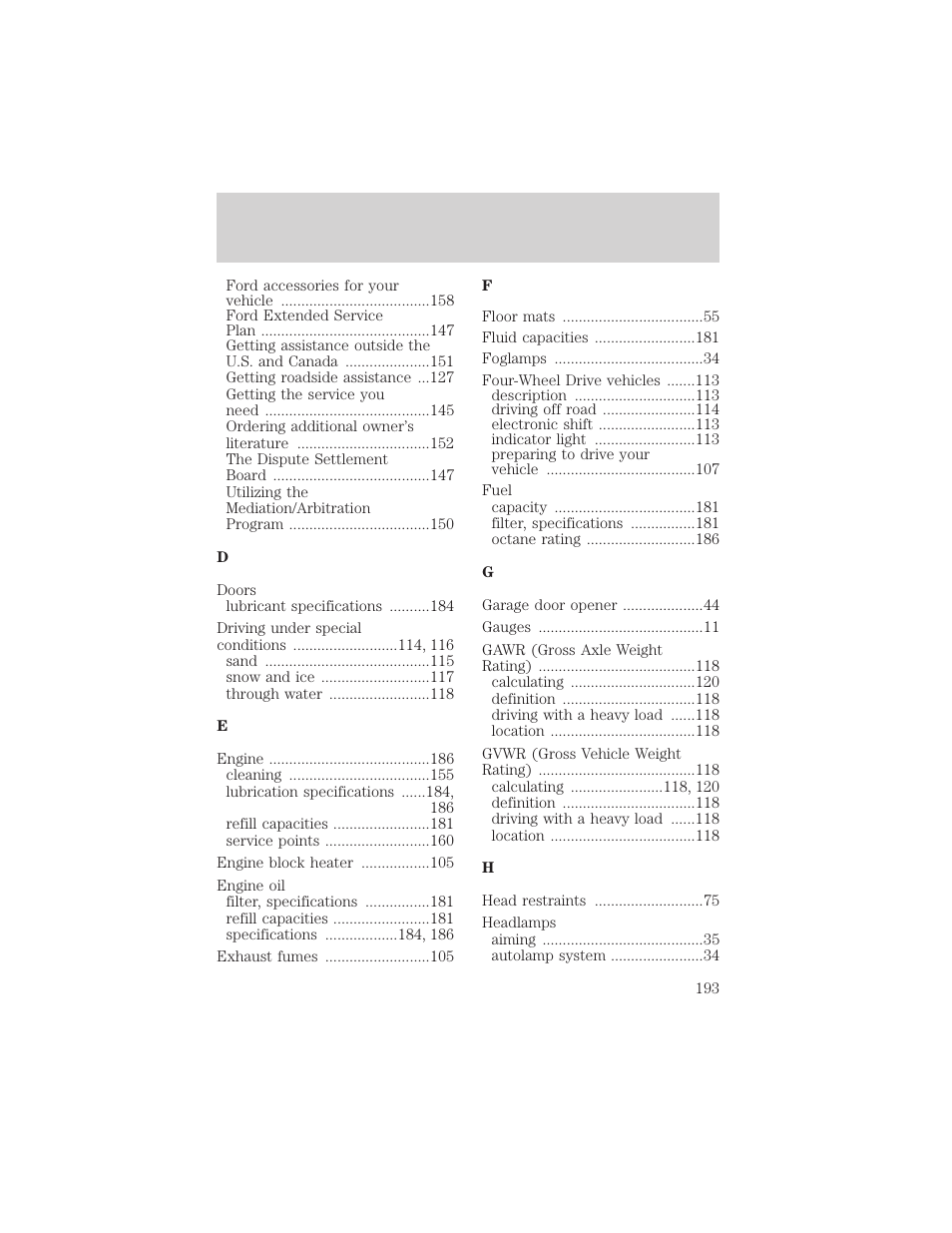 Index | FORD 2002 Explorer Sport Trac v.2 User Manual | Page 193 / 200