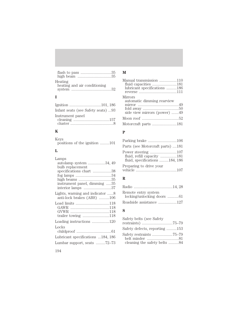 Index | FORD 2002 Explorer Sport Trac v.2 User Manual | Page 194 / 200