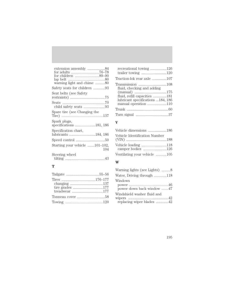 Index | FORD 2002 Explorer Sport Trac v.2 User Manual | Page 195 / 200