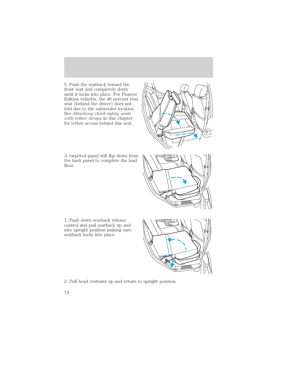 Seating and safety restraints | FORD 2002 Explorer Sport Trac v.2 User Manual | Page 74 / 200