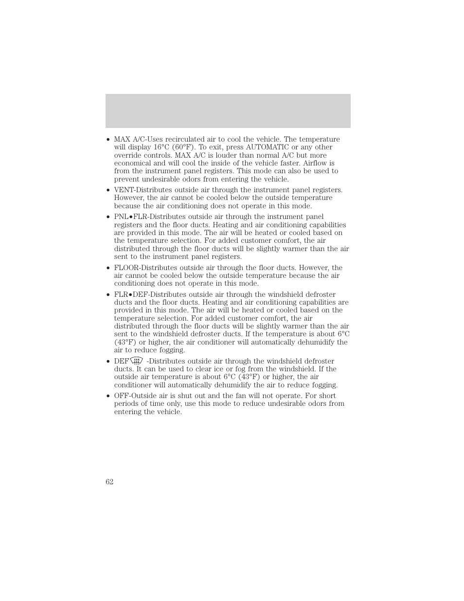 Climate controls | FORD 2002 F-150 v.1 User Manual | Page 62 / 320