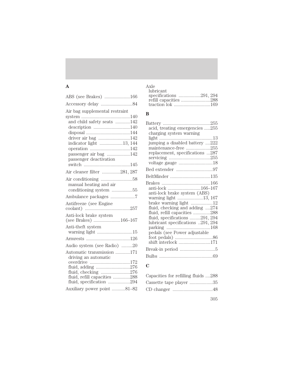 Index | FORD 2002 F-150 v.2 User Manual | Page 305 / 312