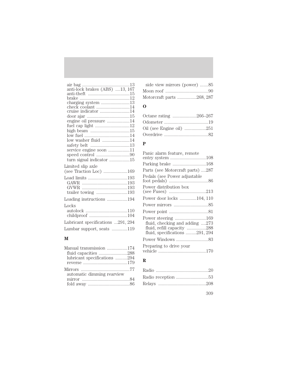 Index | FORD 2002 F-150 v.2 User Manual | Page 309 / 312