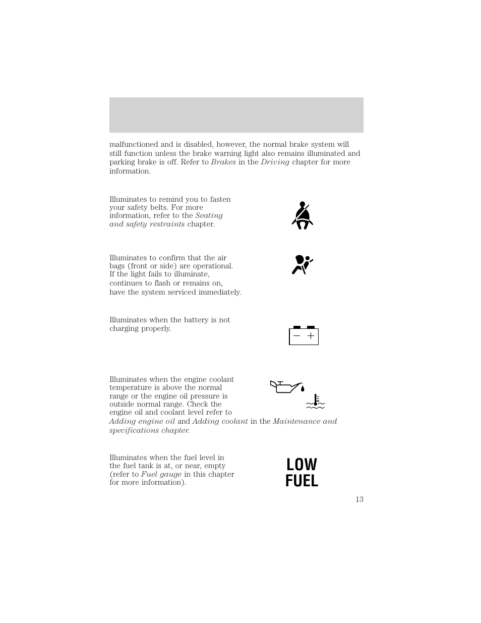 Low fuel | FORD 2002 F-150 v.3 User Manual | Page 13 / 312