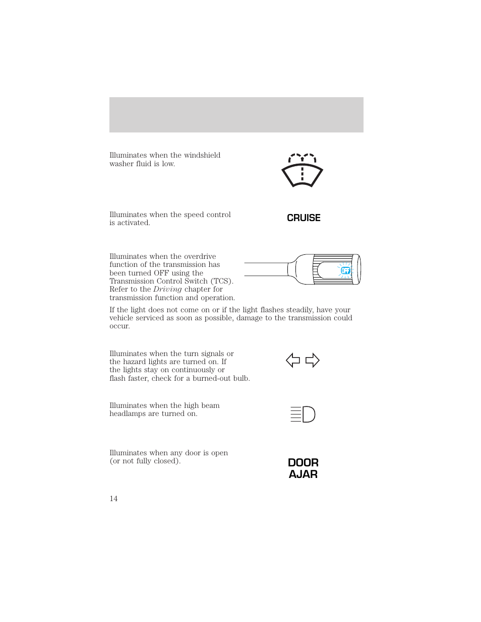 Door ajar, Instrument cluster | FORD 2002 F-150 v.3 User Manual | Page 14 / 312