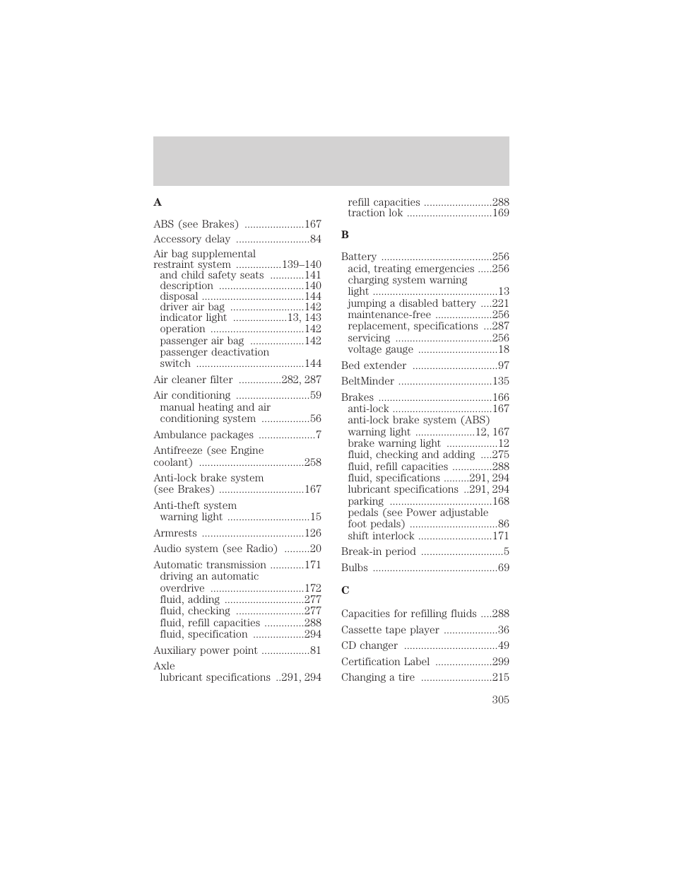 Index | FORD 2002 F-150 v.3 User Manual | Page 305 / 312