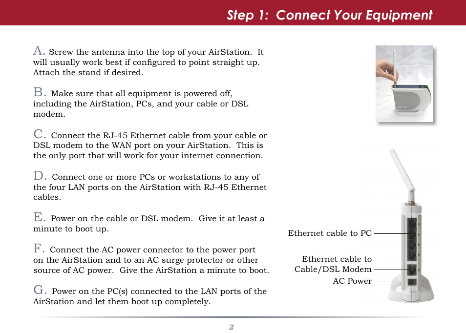 Step 1: connect your equipment | Buffalo Technology WHR-G54S-QSG User Manual | Page 2 / 6