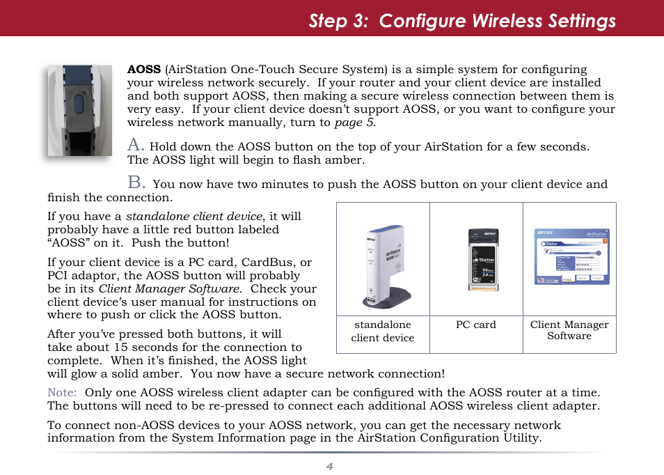 Aoss, Step 3: configure wireless settings | Buffalo Technology WHR-G54S-QSG User Manual | Page 4 / 6