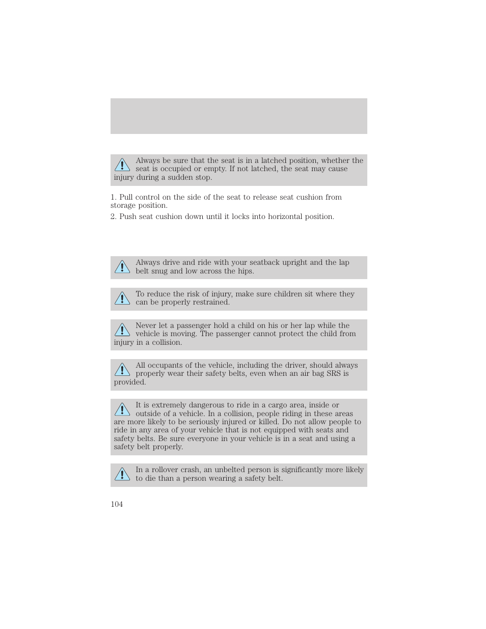 Seating and safety restraints | FORD 2002 F-550 v.1 User Manual | Page 104 / 320