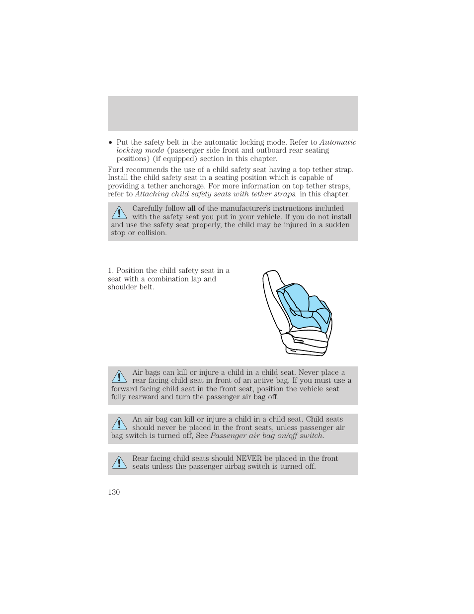 Seating and safety restraints | FORD 2002 F-550 v.1 User Manual | Page 130 / 320