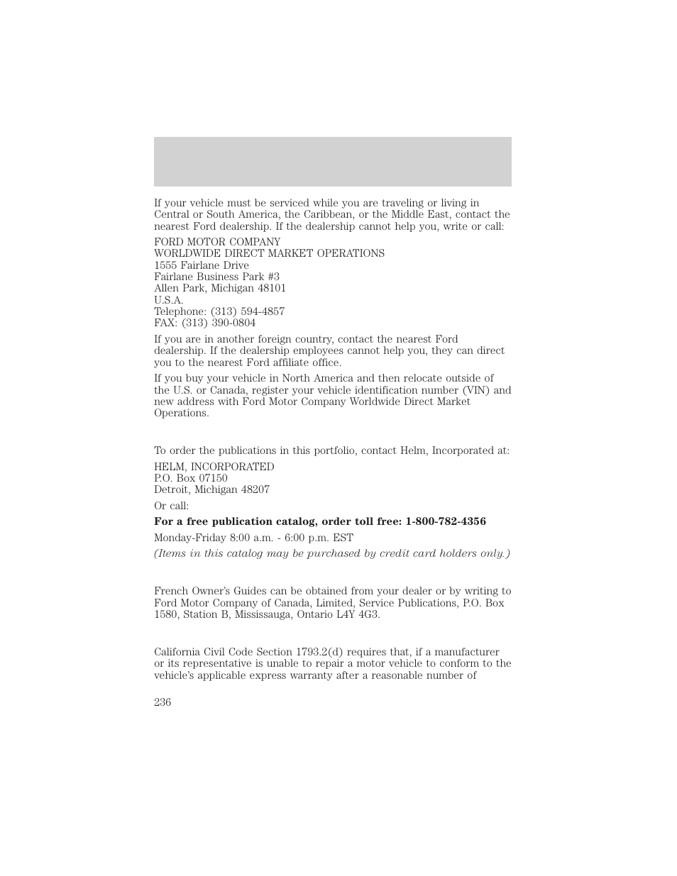 Customer assistance | FORD 2002 F-550 v.1 User Manual | Page 236 / 320