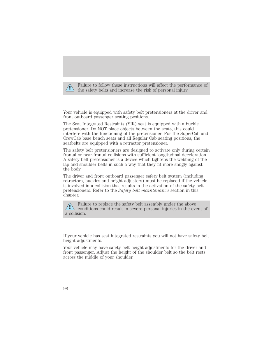 Seating and safety restraints | FORD 2002 F-550 v.3 User Manual | Page 98 / 304