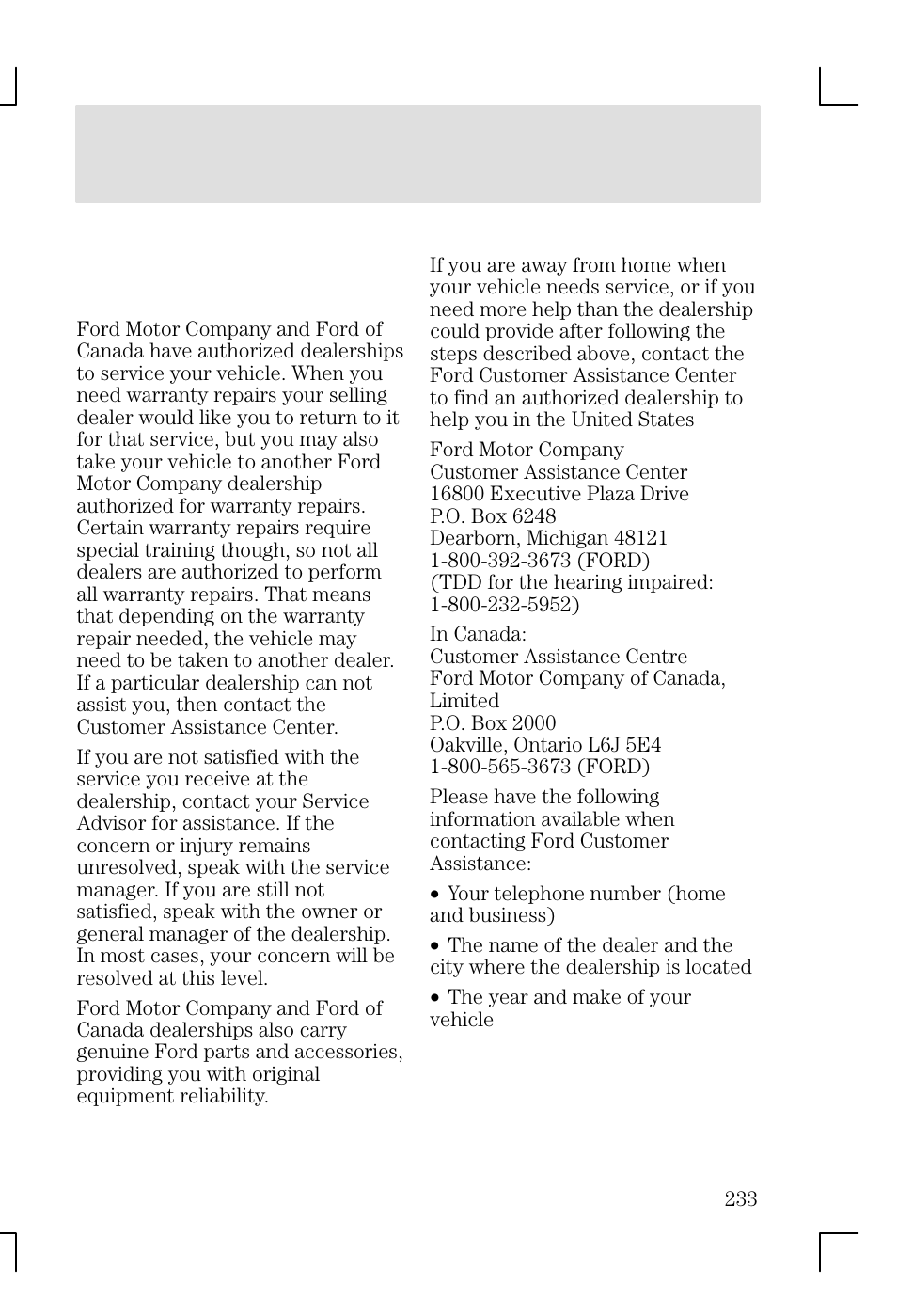 Customer assistance | FORD 2002 Focus v.1 User Manual | Page 233 / 328