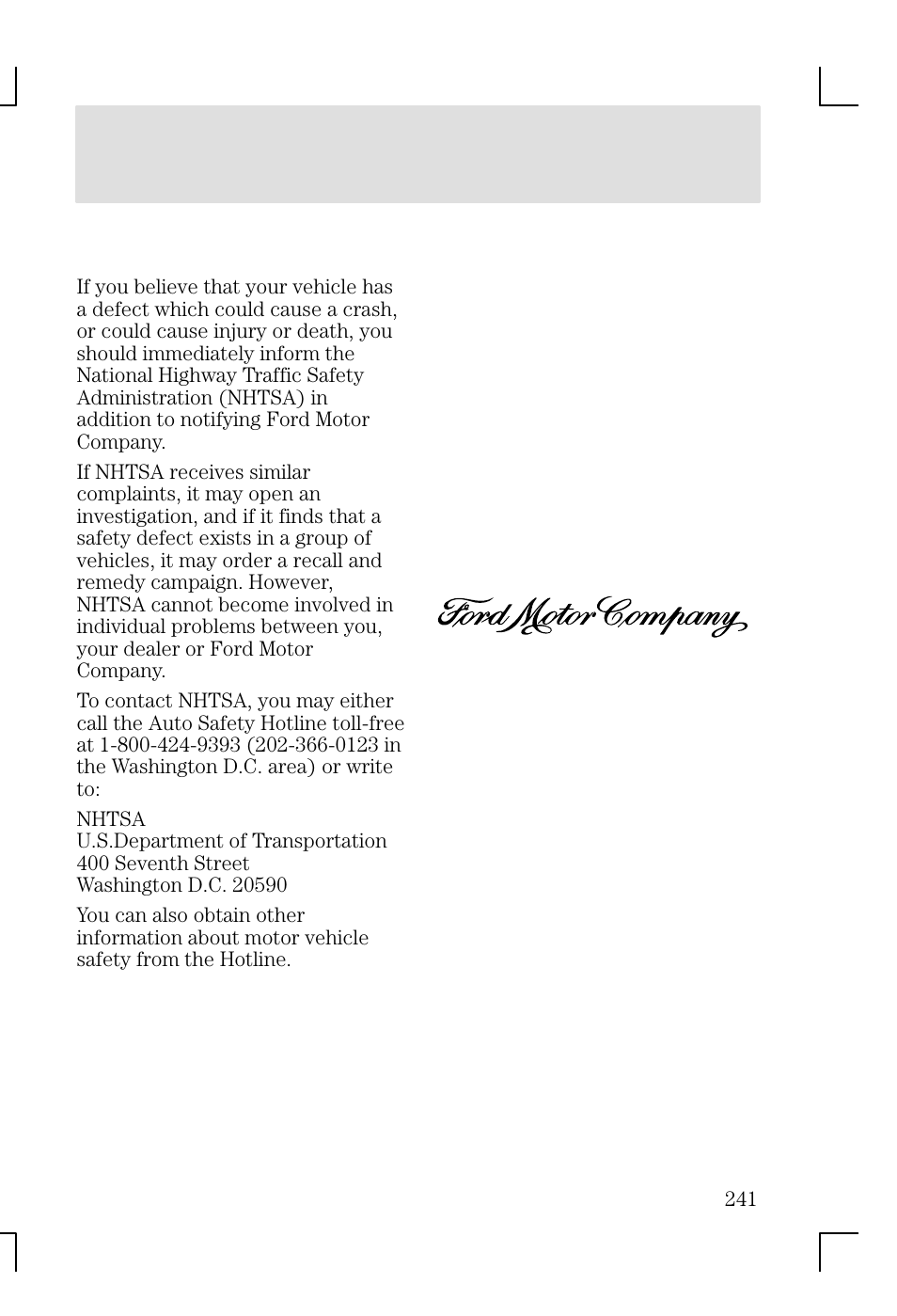 Customer assistance | FORD 2002 Focus v.1 User Manual | Page 241 / 328