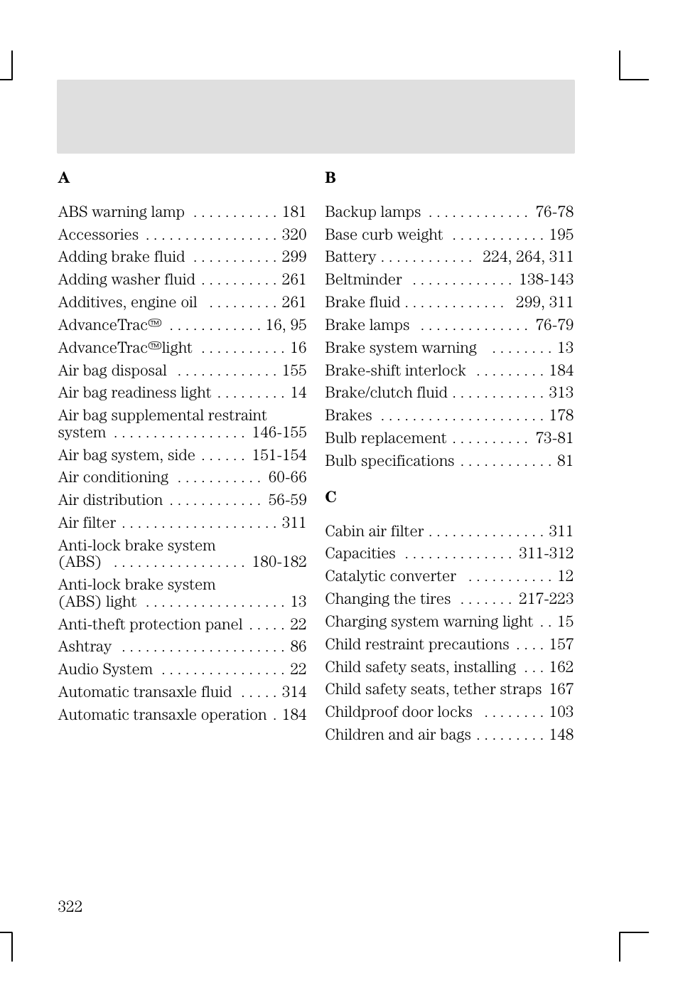 Index | FORD 2002 Focus v.1 User Manual | Page 322 / 328