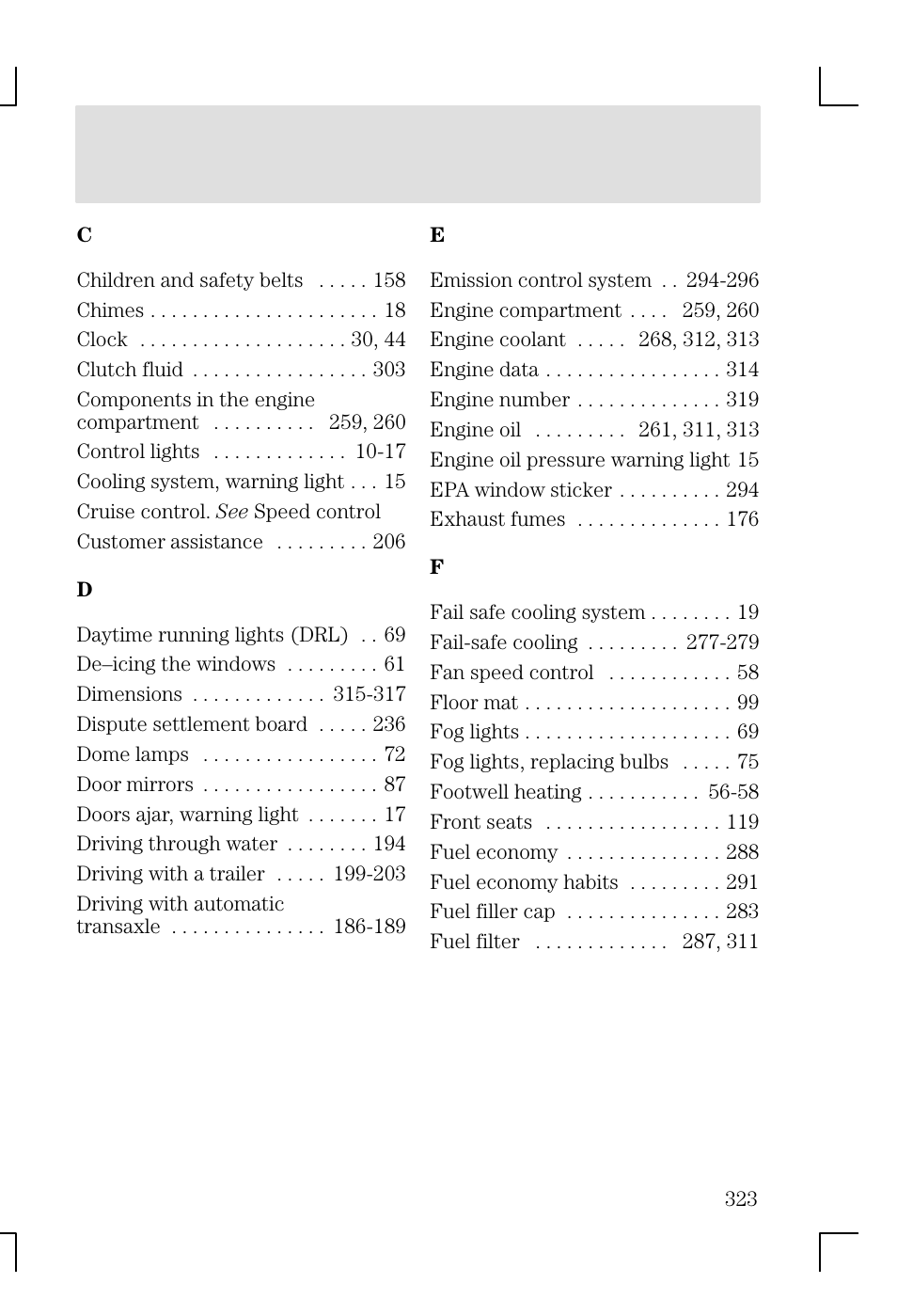 Index | FORD 2002 Focus v.1 User Manual | Page 323 / 328