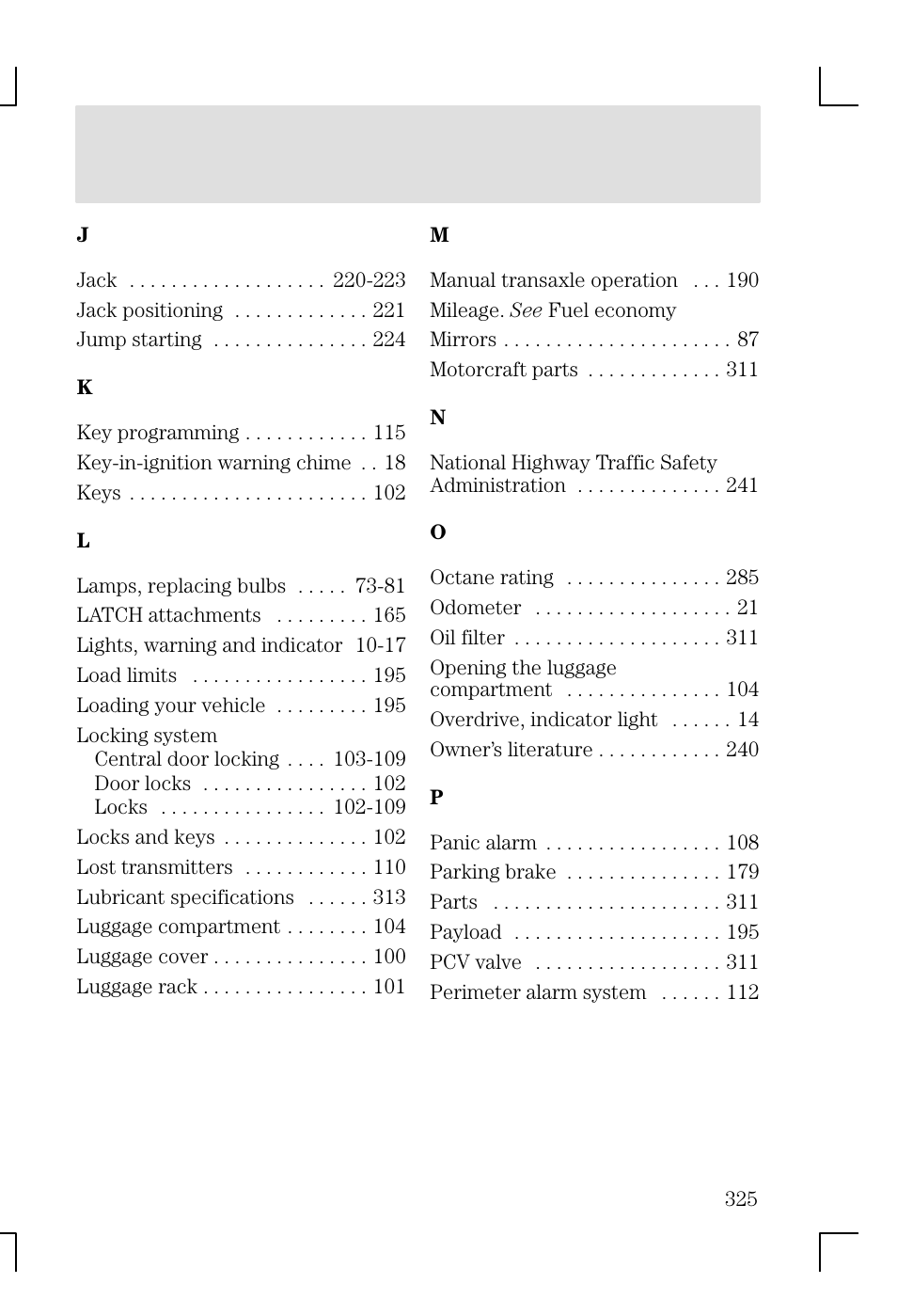 Index | FORD 2002 Focus v.1 User Manual | Page 325 / 328