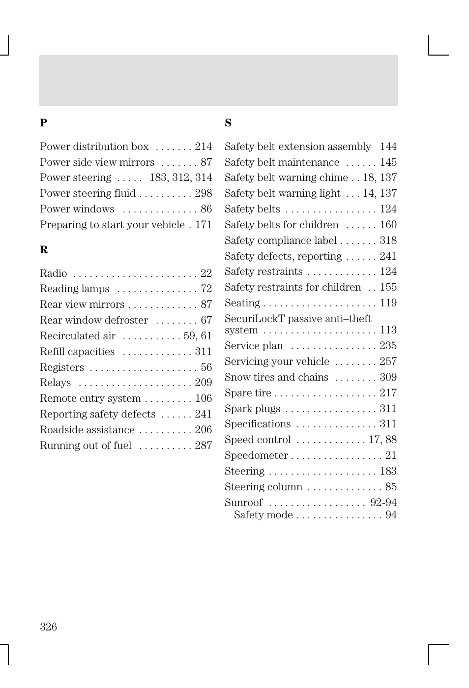 Index | FORD 2002 Focus v.1 User Manual | Page 326 / 328
