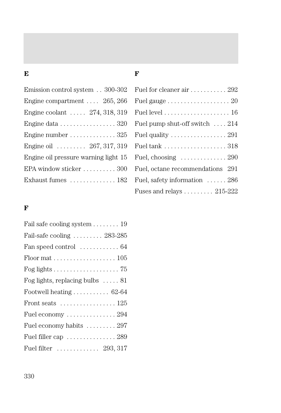 Index | FORD 2002 Focus v.2 User Manual | Page 330 / 336