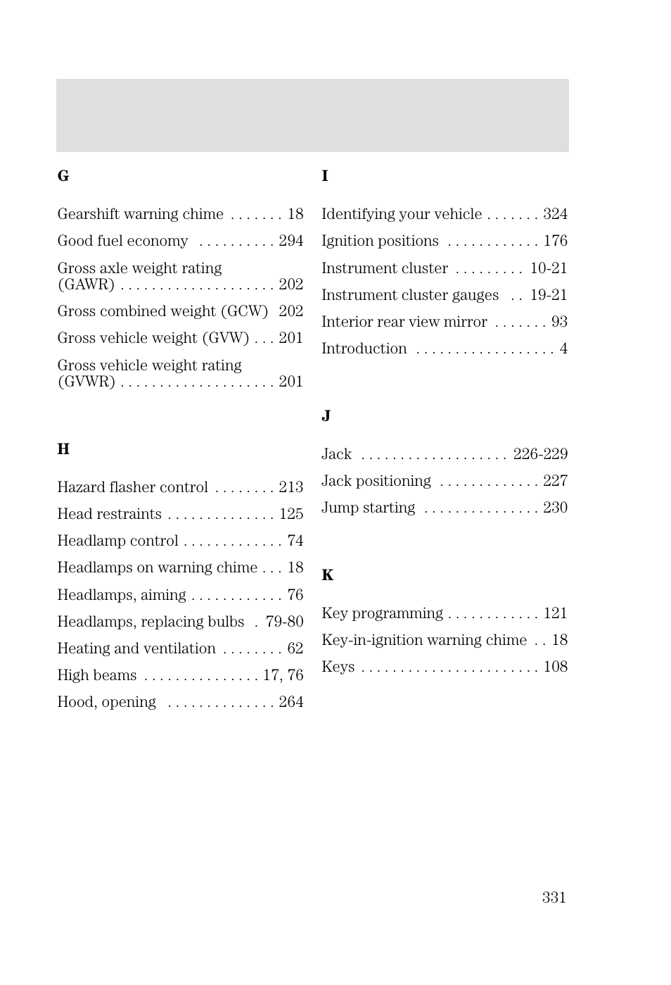 Index | FORD 2002 Focus v.2 User Manual | Page 331 / 336