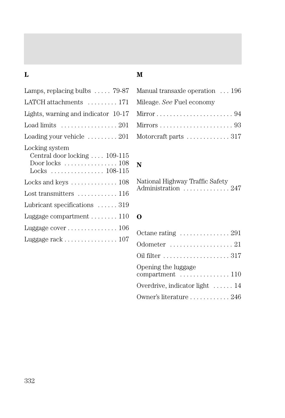 Index | FORD 2002 Focus v.2 User Manual | Page 332 / 336