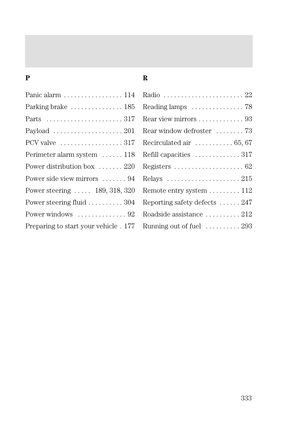 Index | FORD 2002 Focus v.2 User Manual | Page 333 / 336