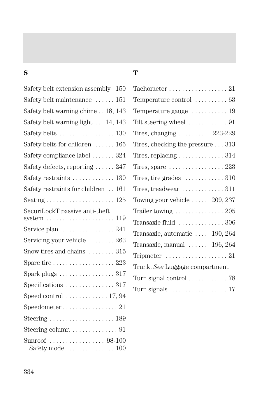 Index | FORD 2002 Focus v.2 User Manual | Page 334 / 336
