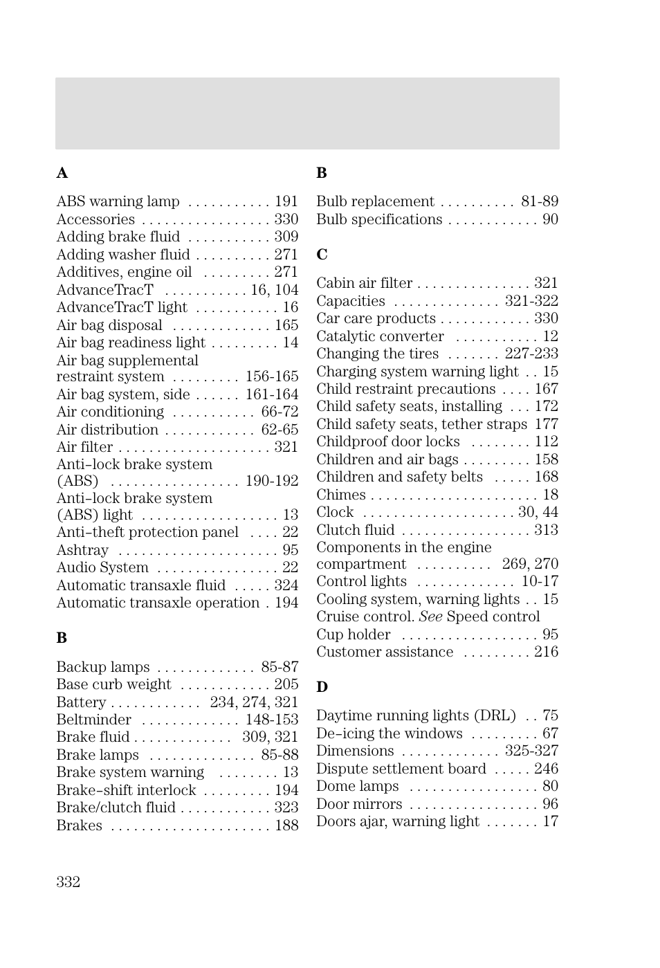 Index | FORD 2002 Focus v.3 User Manual | Page 332 / 336