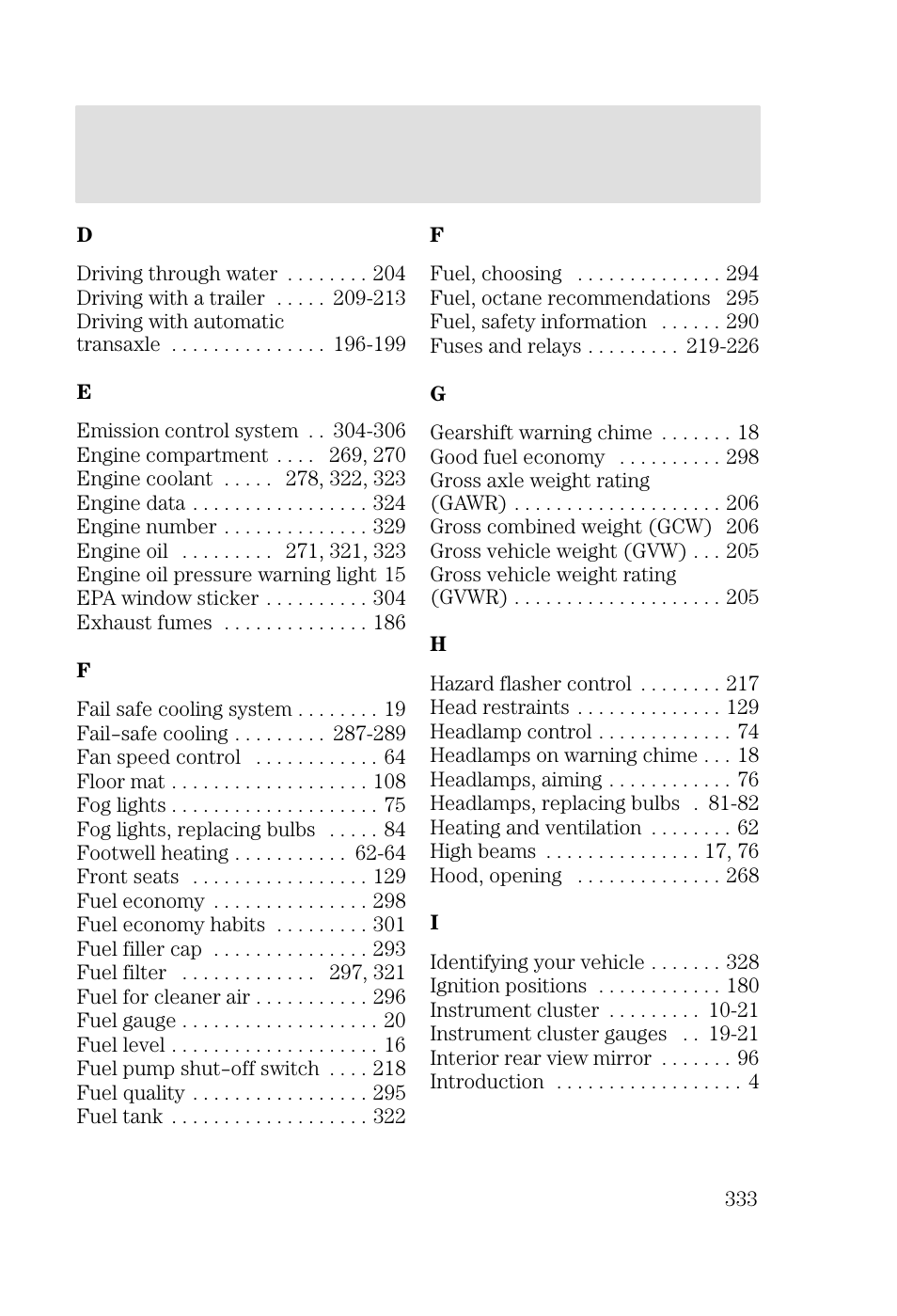 Index | FORD 2002 Focus v.3 User Manual | Page 333 / 336