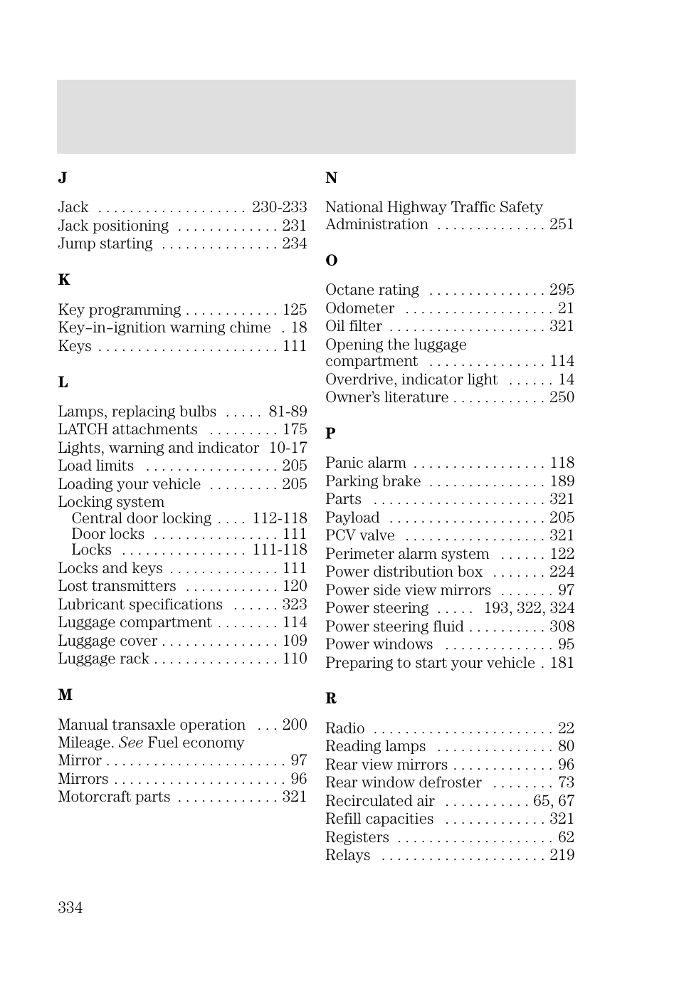 Index | FORD 2002 Focus v.3 User Manual | Page 334 / 336