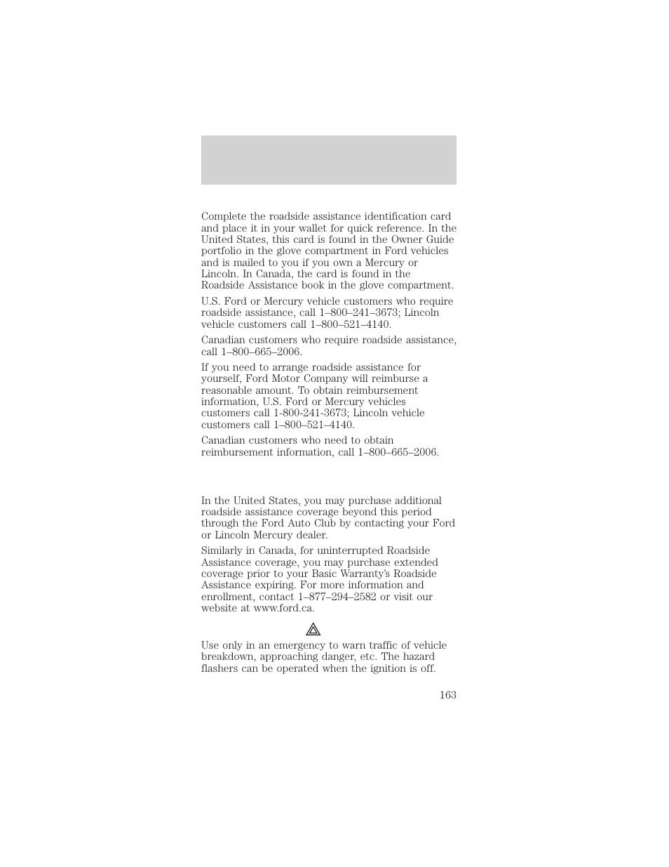 Roadside emergencies | FORD 2002 Mustang v.1 User Manual | Page 163 / 264